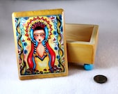Jewelry Box, Madonna Frida Art Wood OOAK Decoupaged Mexican Art, Day of the Dead Wooden Trinket Box Ring Box Earring Holder Red Yellow Blue