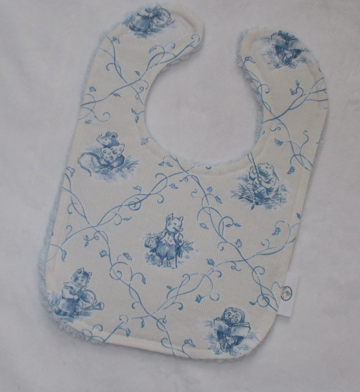 Blue Storytime Toile and Chenille Bib