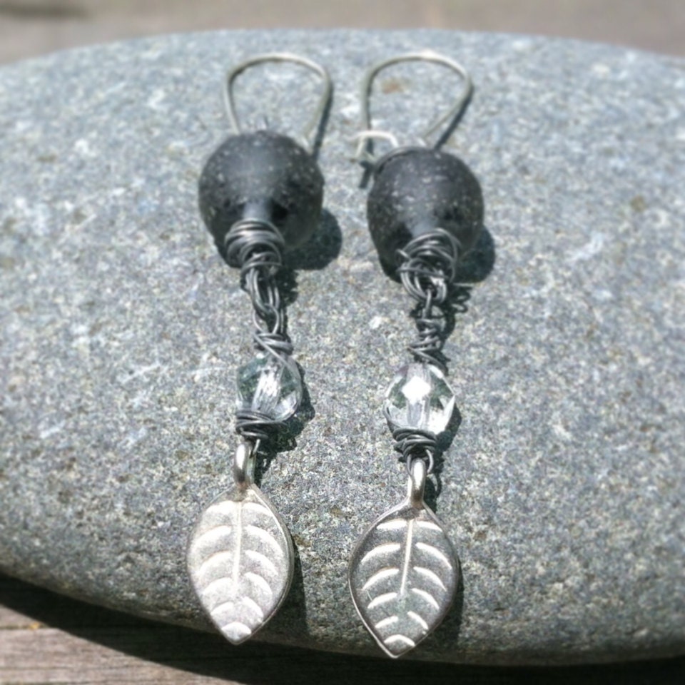 Recycled Charcoal Glass Earrings with Leaf Charm