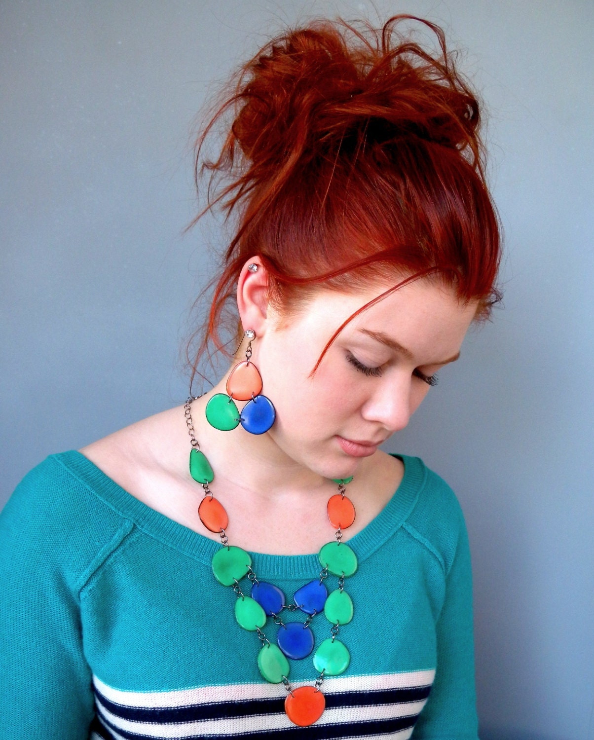 Festive Orange, Blue, and Green Tagua Nut Eco Friendly Bib Statement Necklace and Matching Earrings with Free Shipping