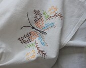 Vintage Hand Embroidered Butterfly 38 x 40 Flour Sack Dishtowel Cross-Stitched Tea Towel Dish Cloth China Hand Kitchen Decor