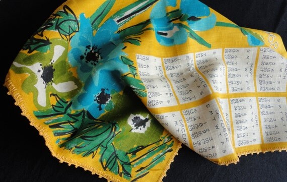 Vintage Signed VERA 1968 Linen Calendar Tea Towel with Hand Crocheted Edging Dishtowel floral linens cotton psychedlic gardeb