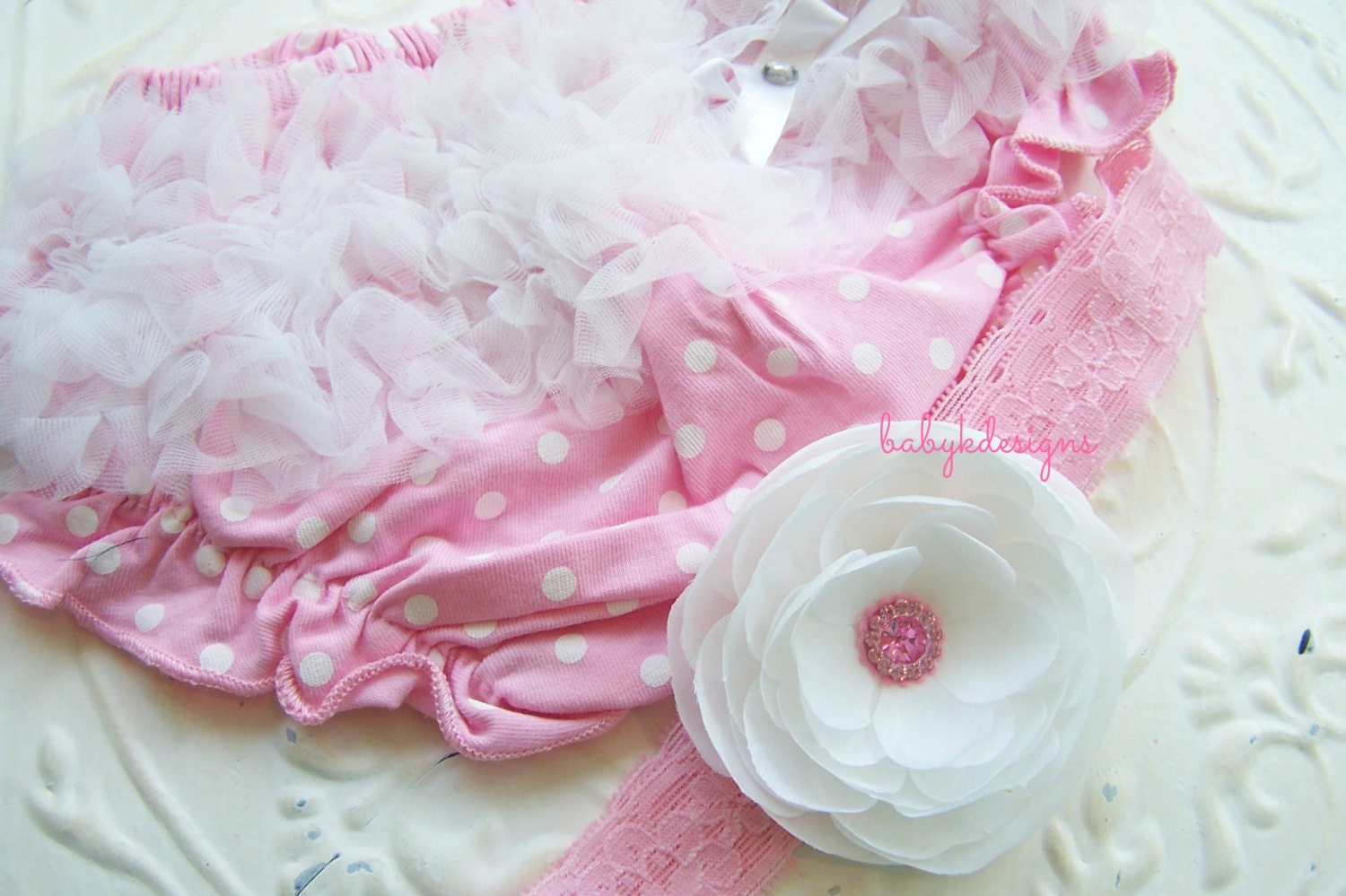 Newborn Bloomers Headband n Bow / Baby Ruffle Bloomers / Infant Cotton Diaper Cover in White n Pink Chiffon Ruffles 2 Sizes More Colors