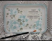 French Perfume Label Graphic with Aqua Blue Hand Painted Hydrangeas on Metal Tray, ECS, CSSTeam