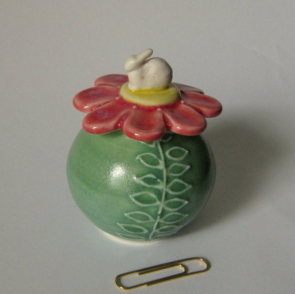 Spring  Bunny Jar in Porcelain Rose Daisy Lid and  Green Stem Base
