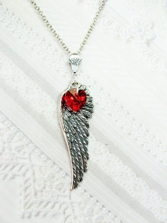 Silver Necklace - Silver Love Angel Wing Necklace - Heart Necklace - Jewelry by BirdzNbeez - Valentine's Day Wedding Birthday Gift