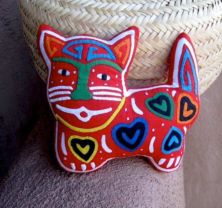 Hand Stitched Happy Hearts Mola Cat - Stellar Kuna Indian Reverse Applique