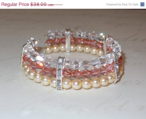 ON SALE Swarovski Crystal Pearl Cuff  Bracelet, Rhinestone Bracelet, Beaded Cuff, Custom Color Bracelet, Bridal Jewelry