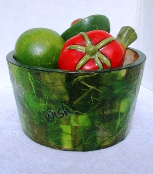 Handmade Wooden Bowl/  Stained in Green, two kinds of wood., Home Decor