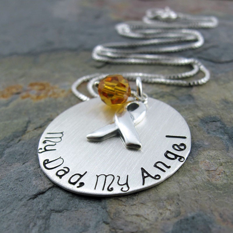 My Dad, My Angel Necklace - 1" Sterling Silver Stamped Disc, Awareness Ribbon Charm, Swarovski Crystal