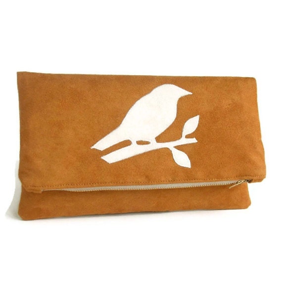 Foldover Clutch - Bird Applique - Envelope Bag - Faux Suede - Vegan