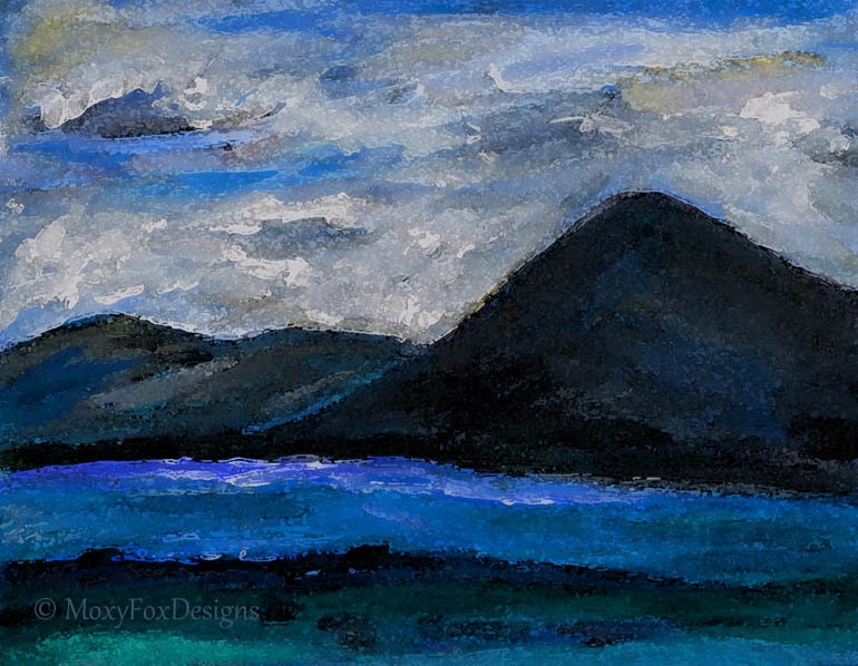 Art --  "THOUGHTS in BLUE"  Landscape Mountains Clouds Rivers Contemporary Impressionistic Home Decor Quite Peaceful Free US Shipping