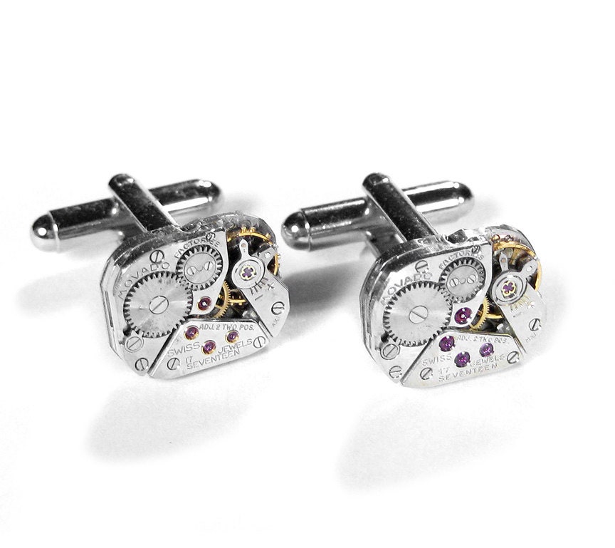 Steampunk Cufflinks Luxury MOVADO Ruby Jewel Watch Men's Cuff Links Weddings Anniversary GORGEOUS & RARE - Steampunk Jewelry by edmdesigns