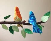 Colorful Bird Mobile -  5 Birds and Fabric Leaves on Natural Tree Branches