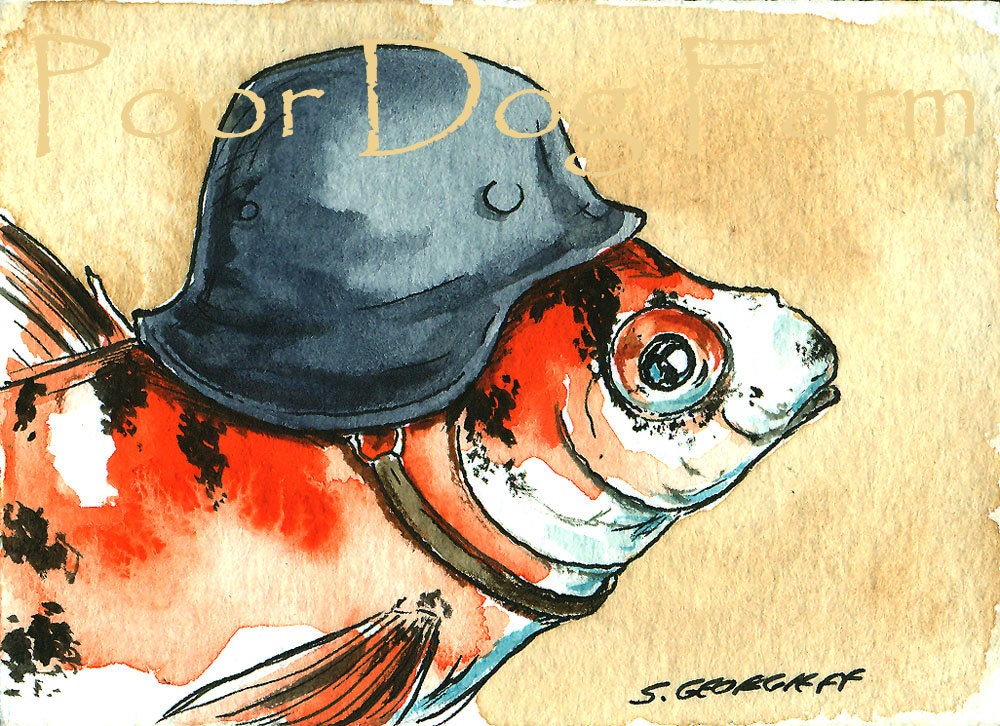 ACEO signed PRINT  - Goldfish in a Helmet