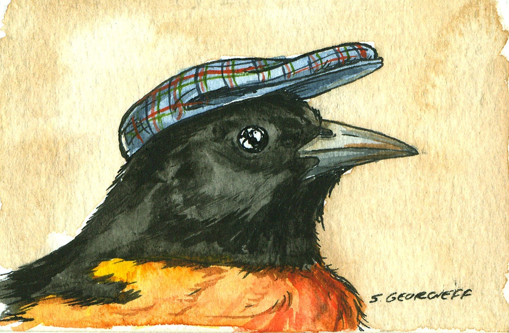 Baltimore Oriole in a Hat - Original ACEO Painting