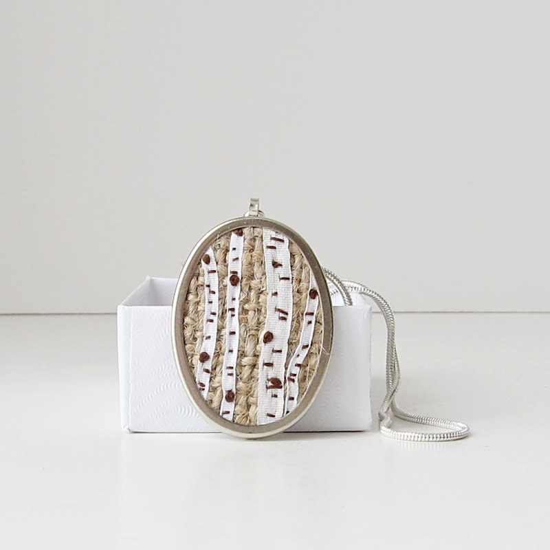 Birch Trees Necklace Pendant silk ribbon embroidery