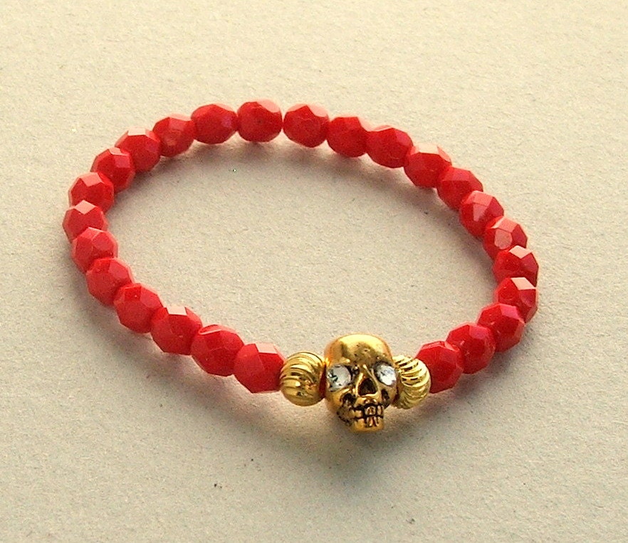 Red Skull Bracelet, Stretch, Elastic, Gold, Beaded, Boho, Diamond Eyes, Red Beads, Layering Bracelet,