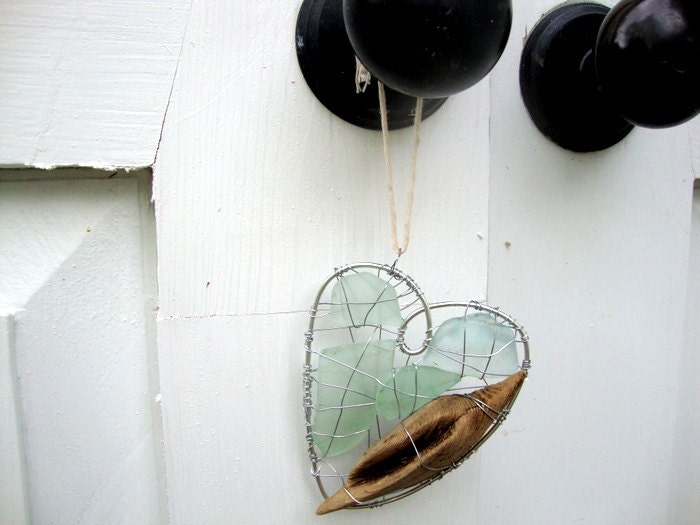 Seafoam Green, and Pale Blue Seaglass Heart Suncatcher with Driftwood