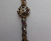 Wire Wrapped Key Pendant -- Amethyst Purple Crystal and Gears Wire Wrapped Steampunk Clockwork Key (A Key to Time)