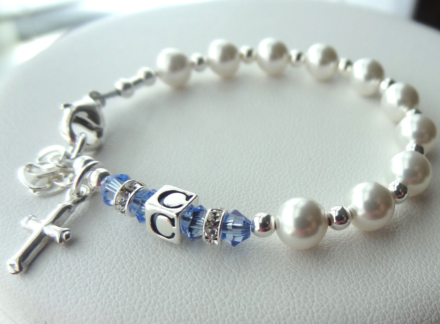 Sterling Silver Baptism Personalized Initial Rosary Children Bracelet, First Communion Confirmation  Christening Bracelet