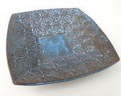 Small Dark Textured Tin Roof Blue Ceramic Pottery Serving Plate Bowl