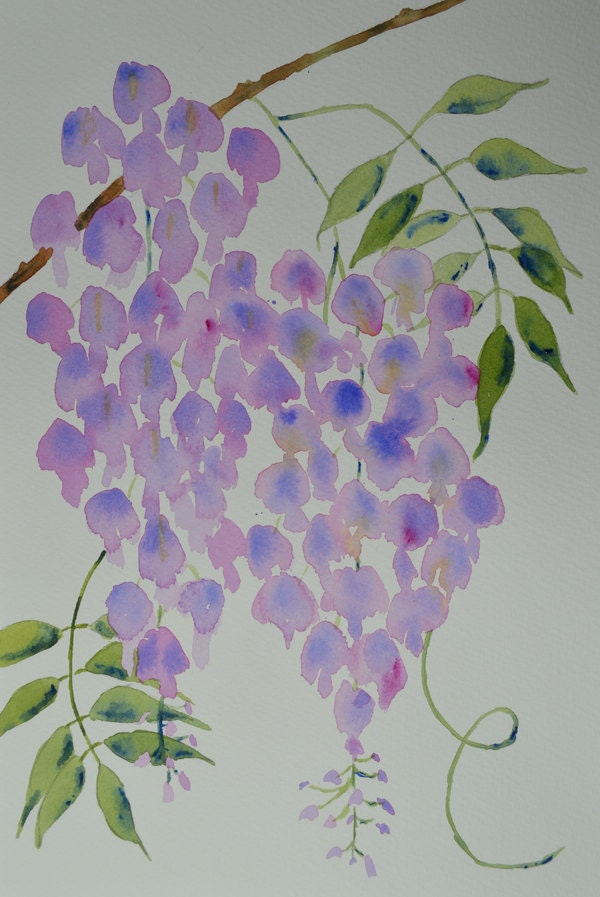 Art, Fine Art-Watercolor Painting of Purple Wisteria Flowers