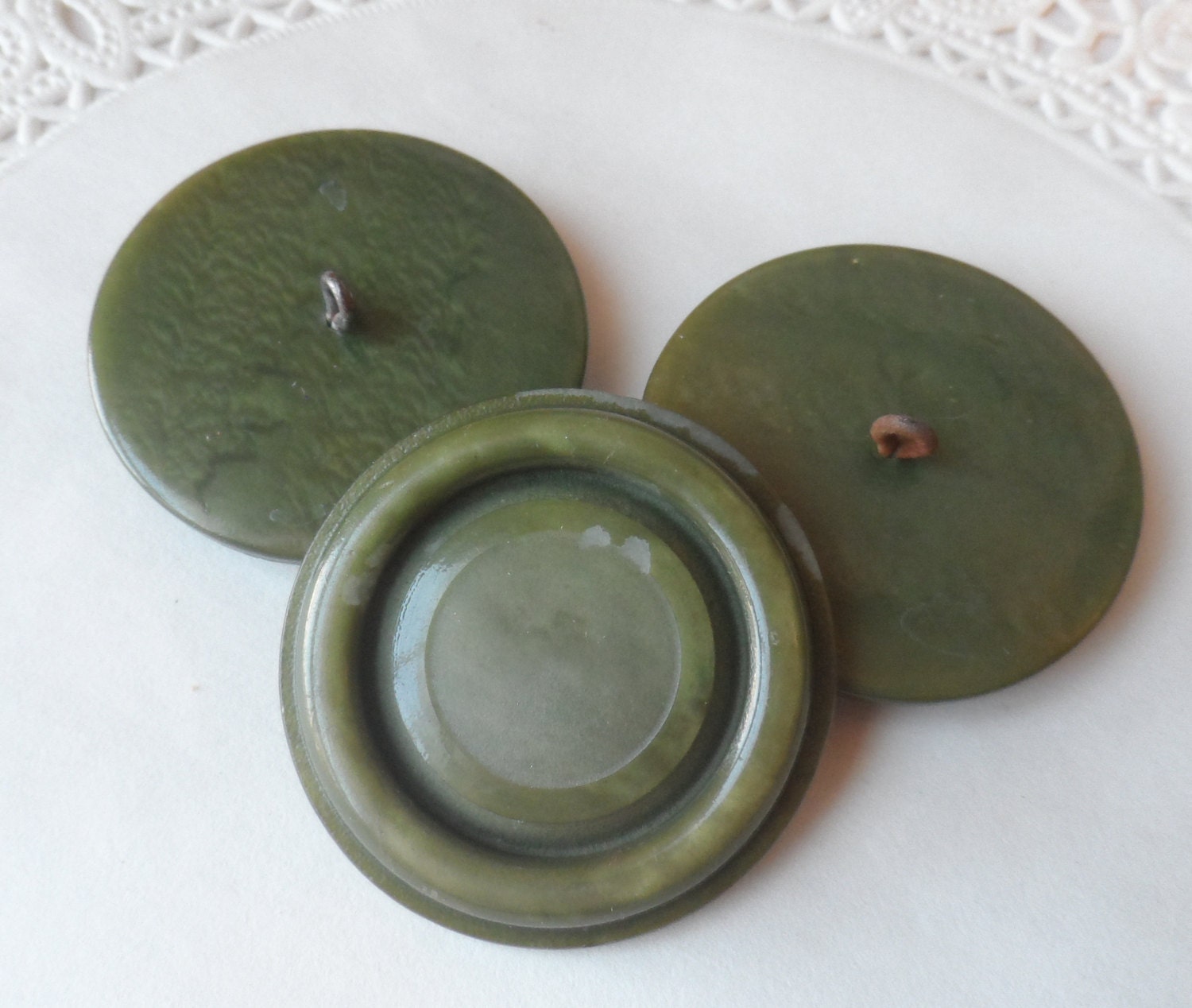 3 Large Vintage Buttons- Olive Green