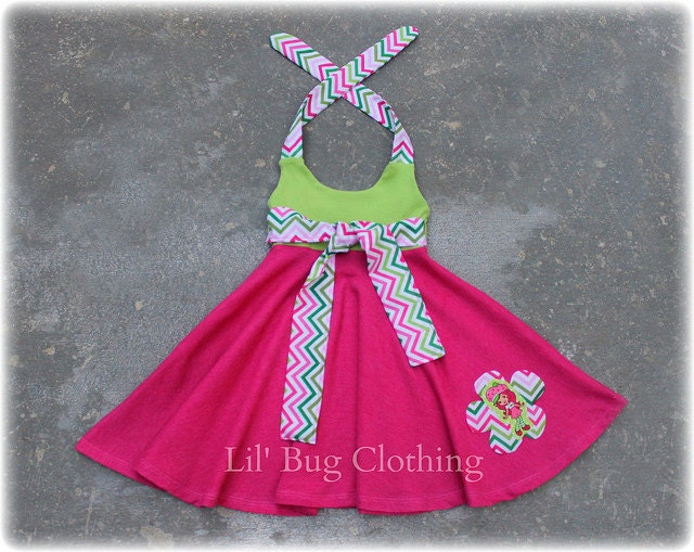 Custom Boutique Clothing Lime PInk  Chevron Strawberry Shortcake Comfy Knit Summer Dress 12m 18m 2T 3T 4T 5T 6 7 8 9/10 Girl