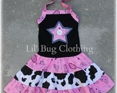 Custom Boutique Clothing Country Pink Bandana Cow Girl Western Tiered Halter Dress