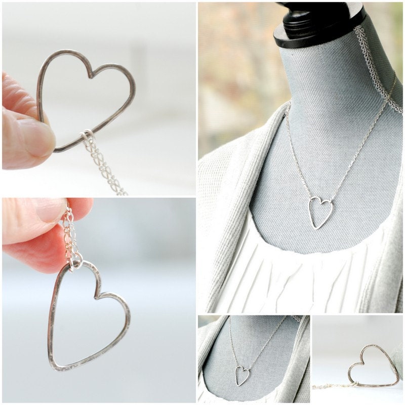 Wire Heart Necklace, Metalwork Necklace, Sterling Silver Necklace, Hammered Heart Necklace, Valentine, Fashion Jewelry Under 50