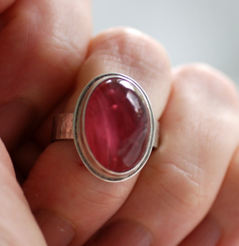 Metalwork Ring, Sterling Silver Ring, Hammered Silver Ring, Bezel ring, Pink Glass Ring, Retro Ring, MADE TO ORDER - Coney Island