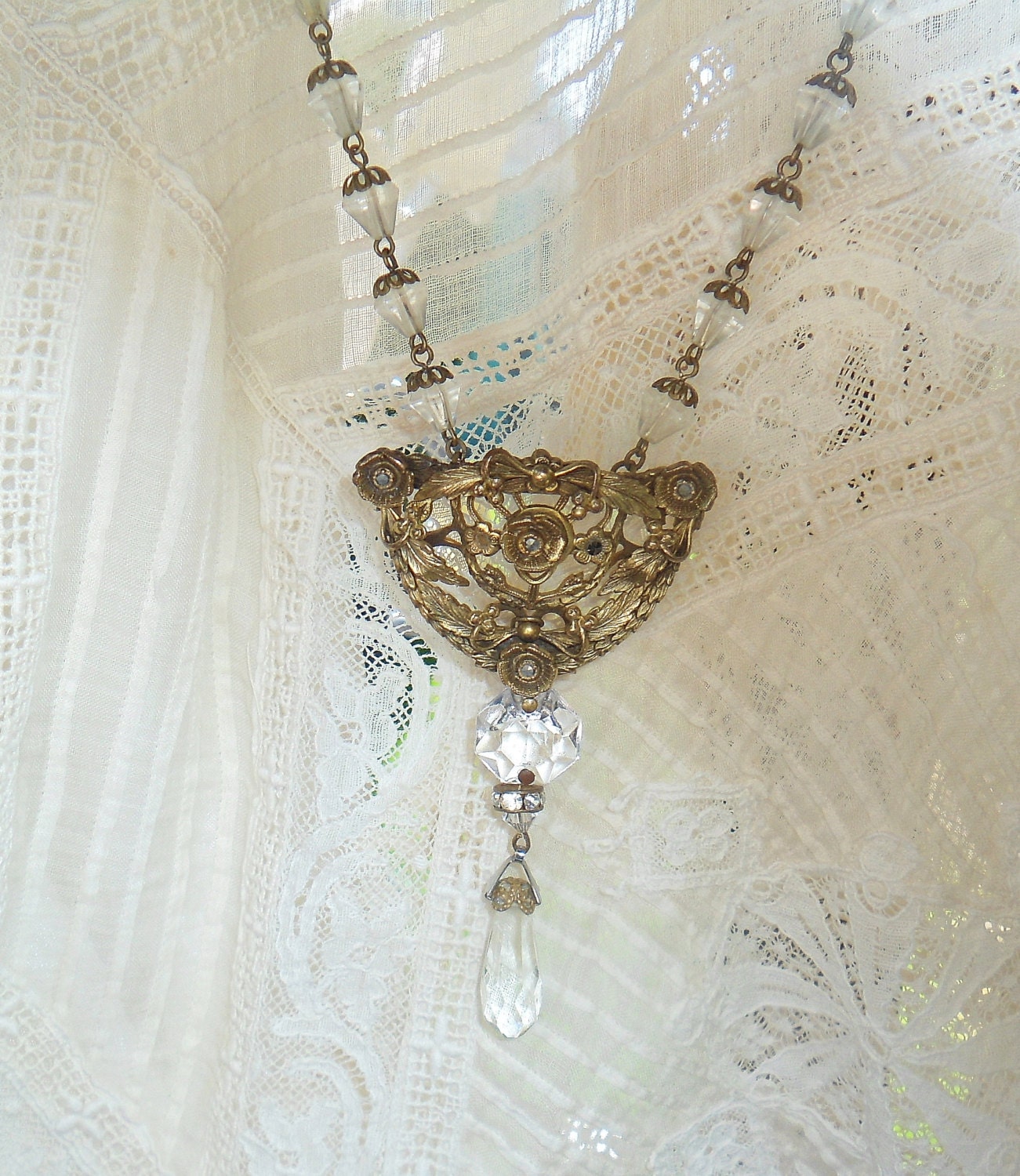 Handmade Antique Filigree Necklace with Markasite Rosary Chain and Chandelier Crystals