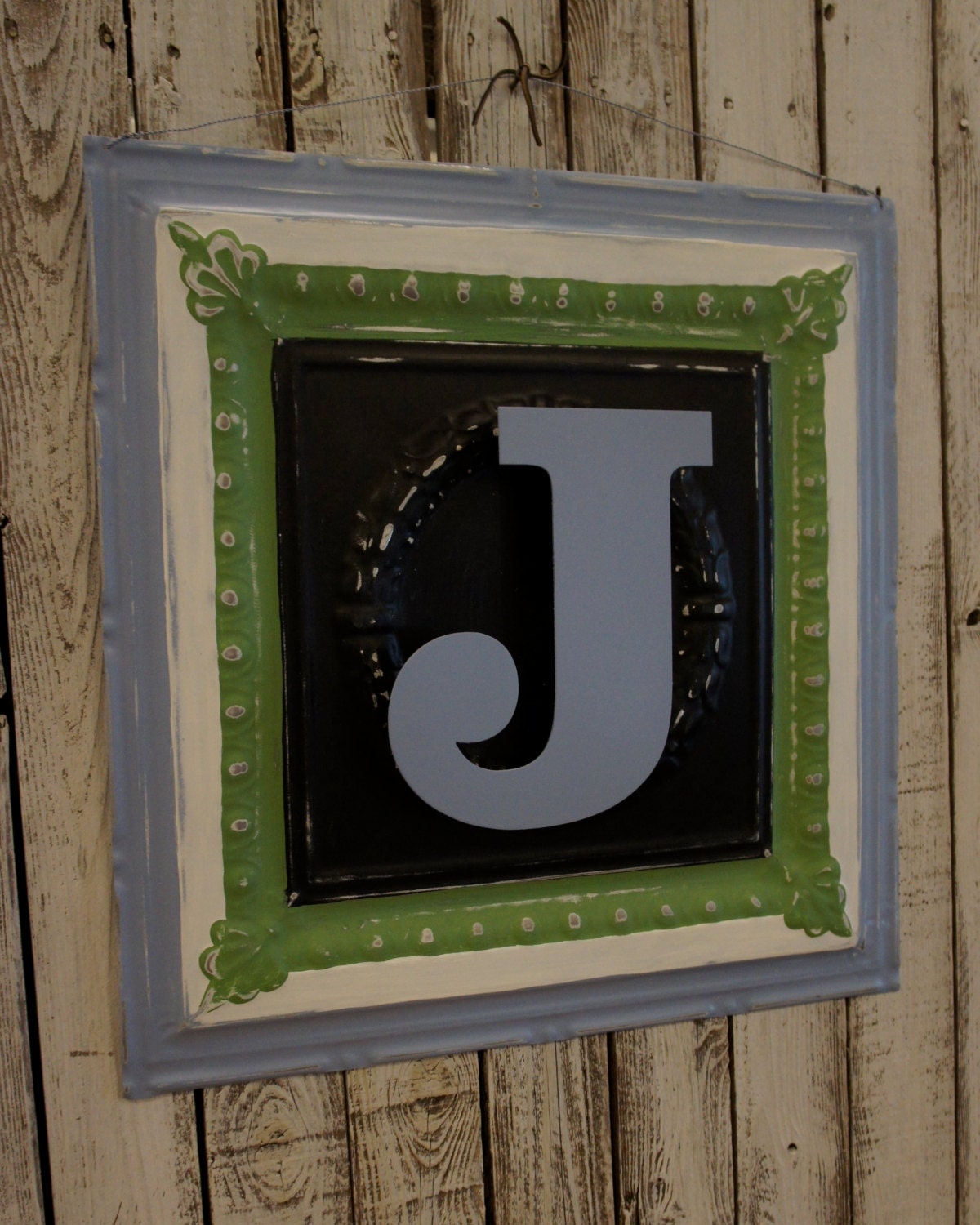 Custom Hand Painted Personalized Plaque with the initial "J."   24x24 Repurposed Ceiling Tin  with Metal Initial
