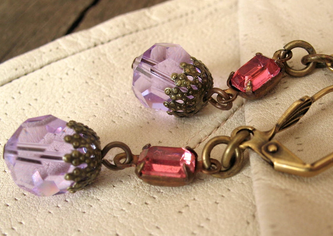 Amethyst Vintage  Swarovski Crystal Earrings Purple Long Dangle Antique Gold Earrings Violet Rose Pink Rhinestone Earrings