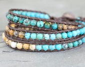 BoHo Turquoise and Picture Jasper Triple Beaded Leather Wrap Bracelet. Brown Green and Blue Natural Stones
