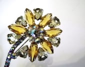 Juliana Style Large Flower Brooch Citrine & Yellow with AB Rhinestones Vintage 60s