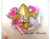 Fleur de Lis Gold and Pink French Floral Collage Corsage Kawaii Cuff Bracelet