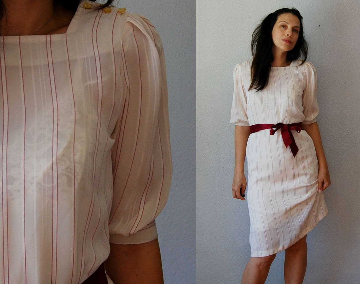 vintage SHEER striped office dress /  1980s PUFF sleeves cream day dress