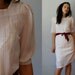 vintage SHEER striped office dress /  1980s PUFF sleeves cream day dress