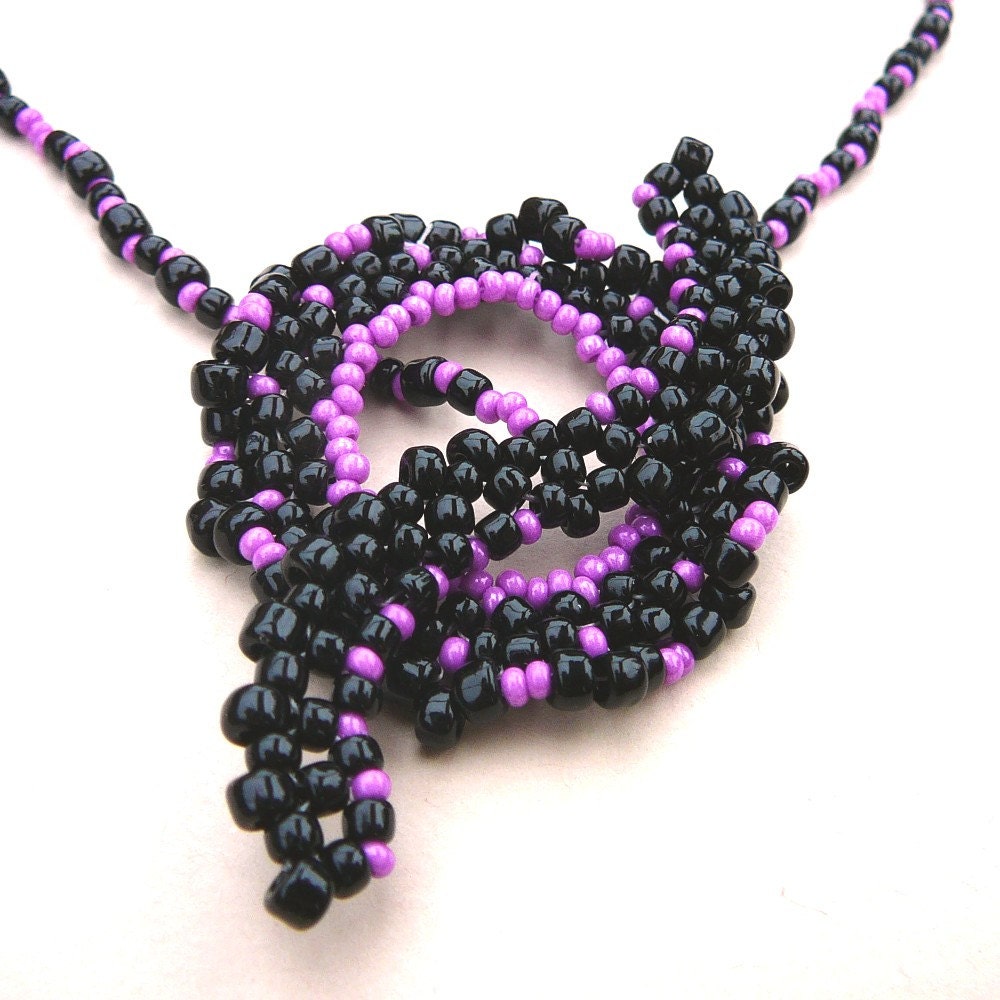 Pieces - Pink and Black Beadwoven Lariat Necklace