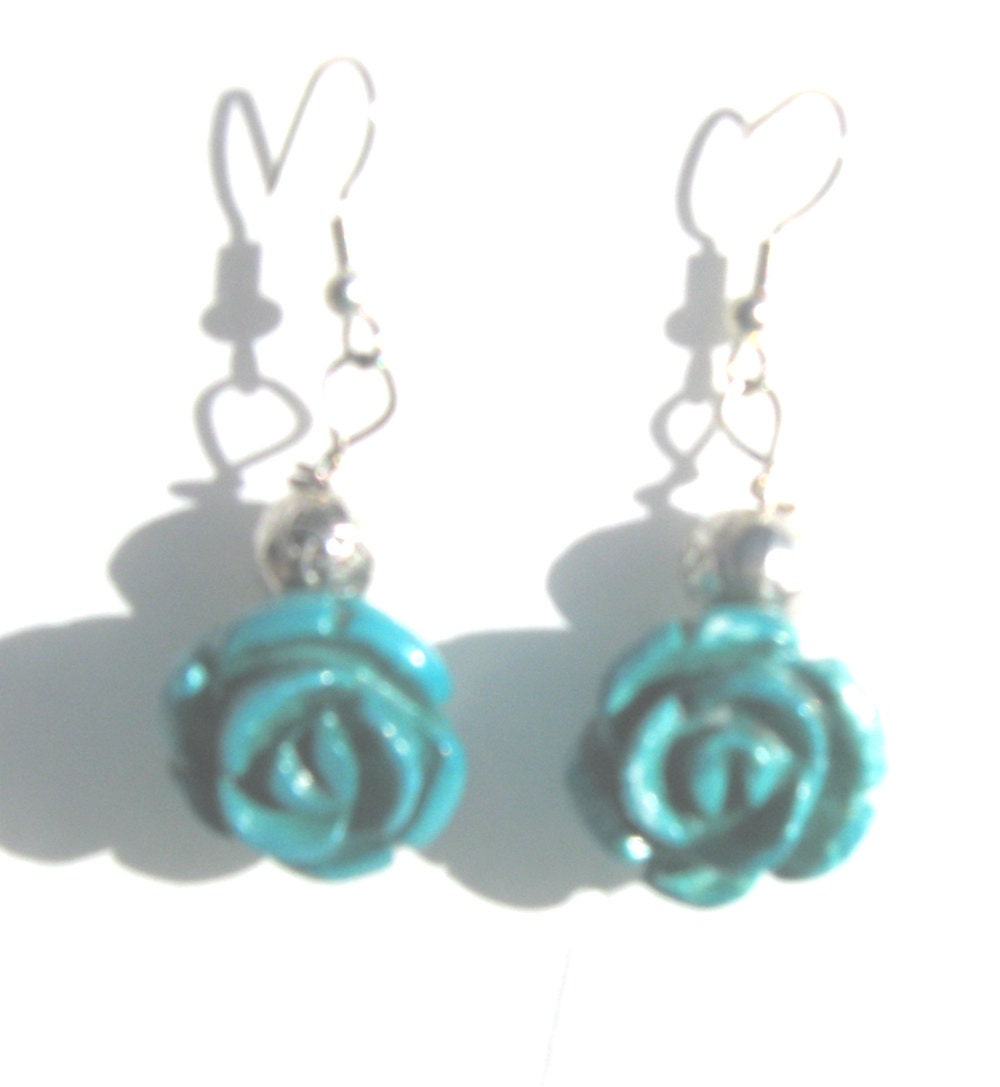 Turquoise Carved Magnesite Rose Dangle Earrings Free US Shipping