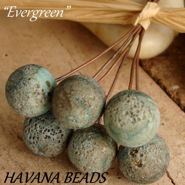 EVERGREEN FOSSILIZED Round Headpins - Set of 6 Handmade Lampwork Head Pins