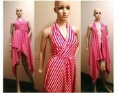 Summer Wrap Dress Beach Bikini Cover Up, red pink stripe cotton multi wear Belly Dance Coverup. Crude Things