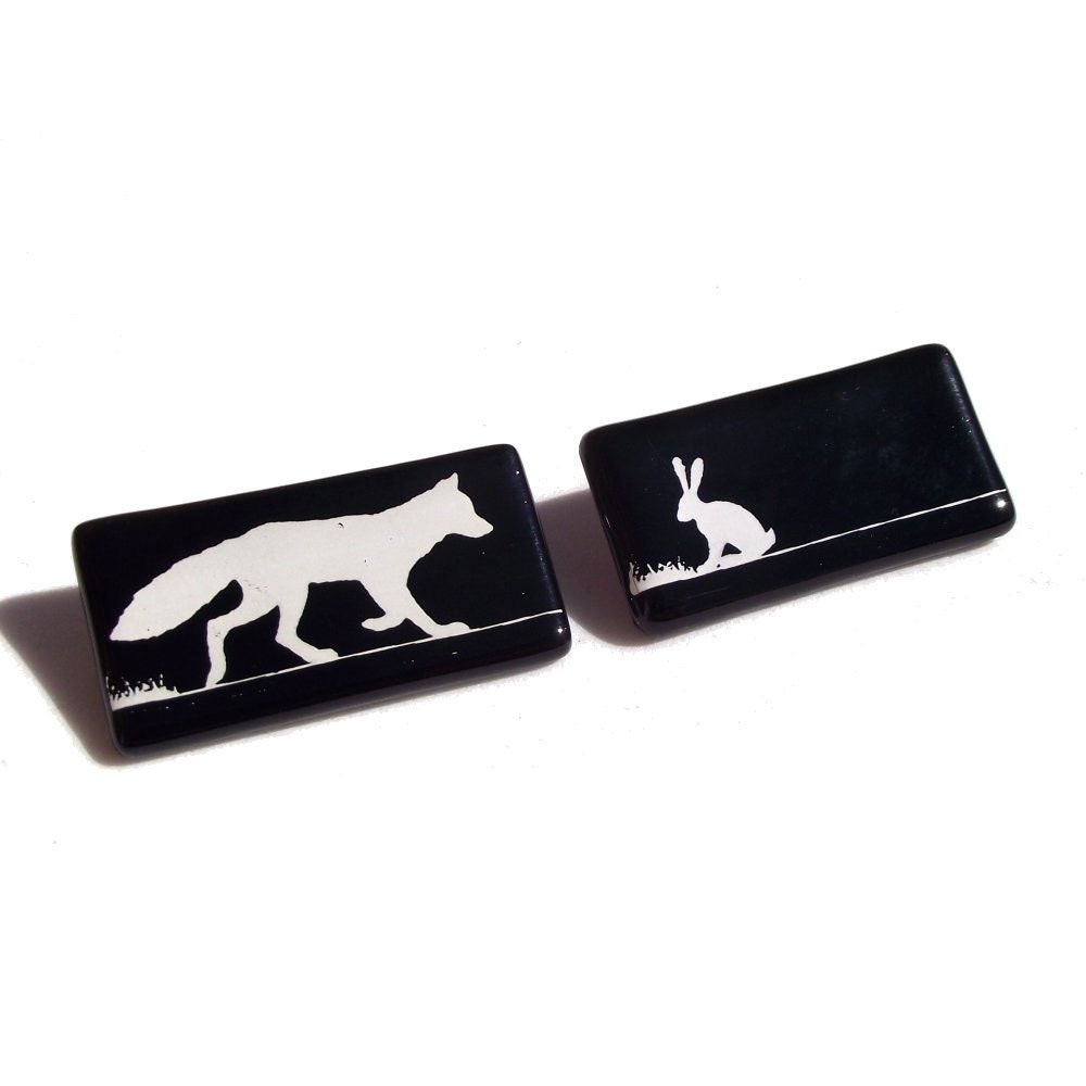 Black Fox Hare Brooch Glass White Enamel