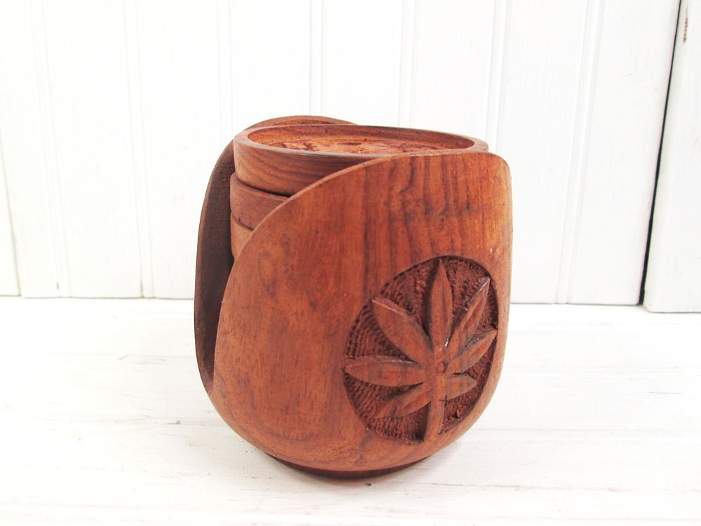 Vintage Coaster Set Round Carved Wood With Holder Floral Design India
