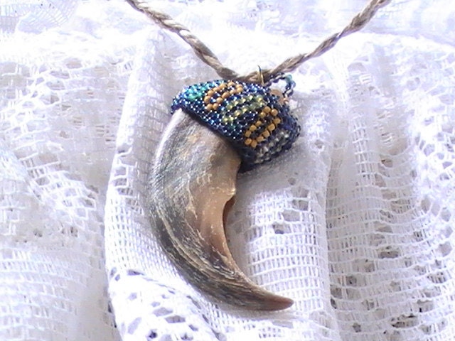 Beaded Kodiak Bear Claw Hemp Necklace Handmade OOAK Gifts Unisex Mother Father Sister Brother DragonflyRidge