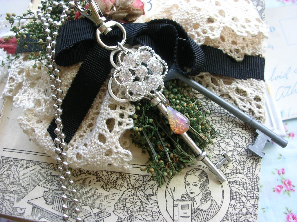 Antique Style Skeleton Key Necklace Rhinestone Button Floral Opal Pear Drop Purse Pull Bag Charm Ball Chain OOAK