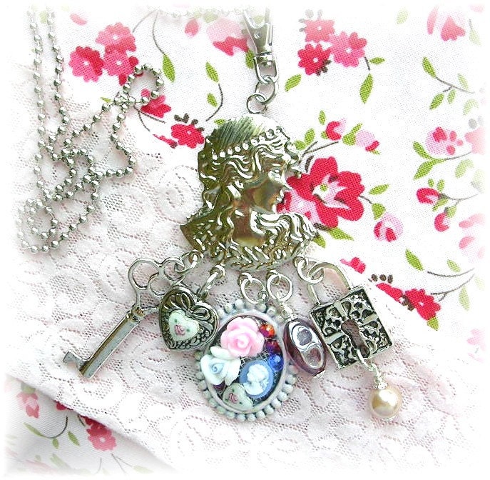 Cameo Collage Art Nouveau Style Lady Purse Pull Bag Charm Necklace Guilloche Enamel Heart Collage Glass Crystals Skeleton Key Lock OOAK