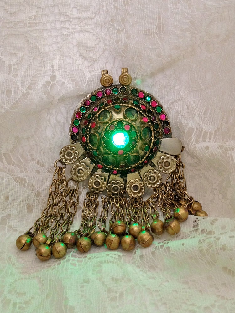 Green steampunk pendant - glow in the dark jewelry - light up bellydance pendant - tribal fusion costume jewelry